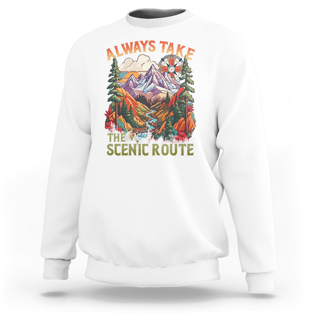 Outdoor Adventure Sweatshirt Always Take The Scenic Route Compass Hiking Camping - Wonder Print Shop