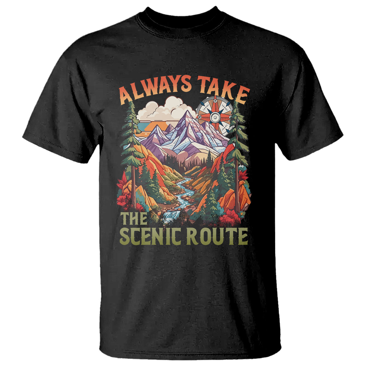 Outdoor Adventure T Shirt Always Take The Scenic Route Compass Hiking Camping - Wonder Print Shop