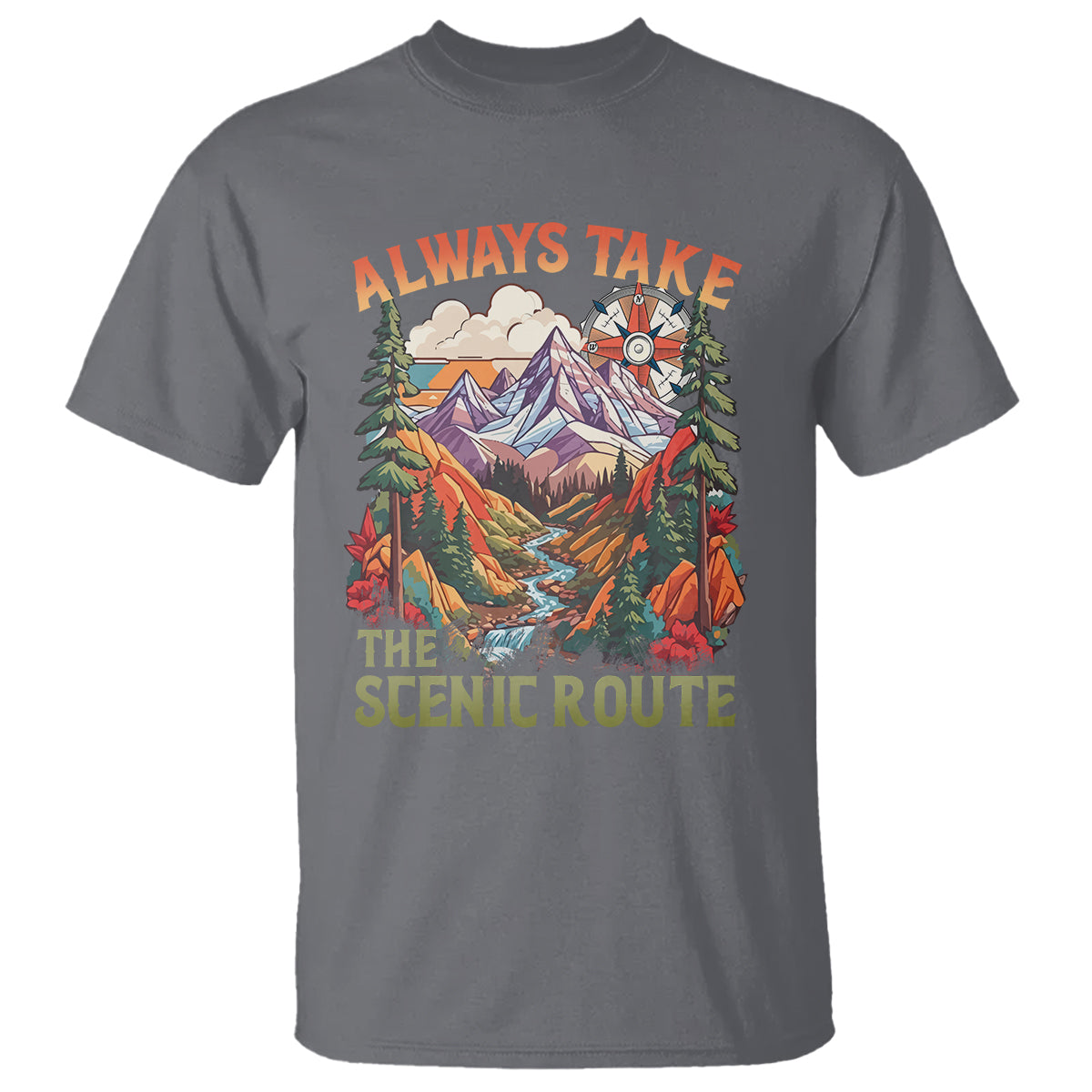 Outdoor Adventure T Shirt Always Take The Scenic Route Compass Hiking Camping - Wonder Print Shop