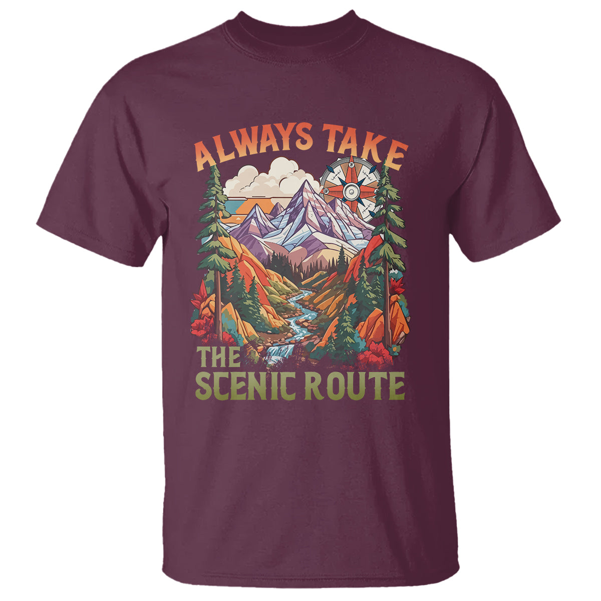 Outdoor Adventure T Shirt Always Take The Scenic Route Compass Hiking Camping - Wonder Print Shop