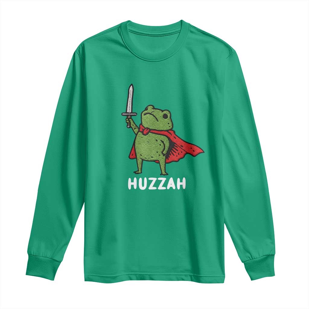 Funny Huzzah Frog Meme Long Sleeve Shirt Knight with Sword Whimsical Viral Amphibian Humor - Wonder Print Shop