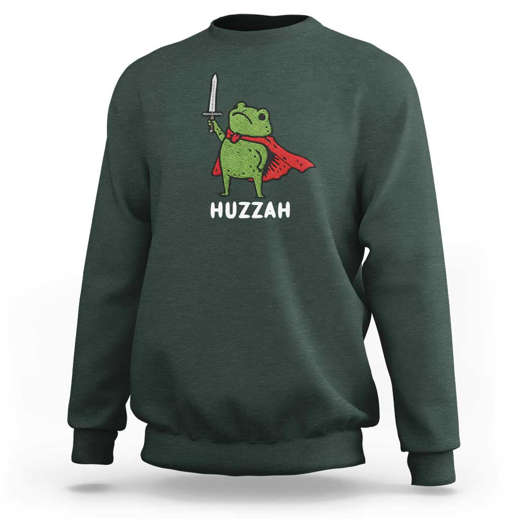 Funny Huzzah Frog Meme Sweatshirt Knight with Sword Whimsical Viral Amphibian Humor - Wonder Print Shop