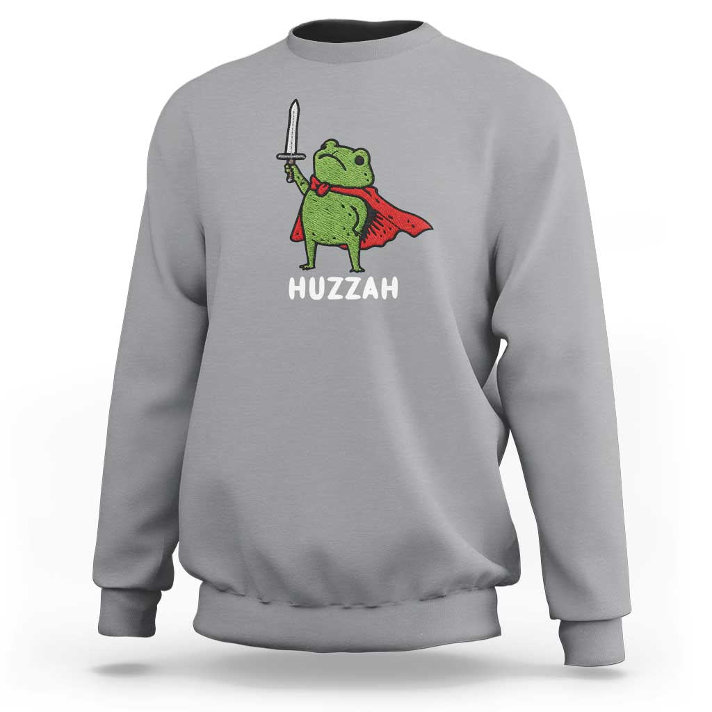 Funny Huzzah Frog Meme Sweatshirt Knight with Sword Whimsical Viral Amphibian Humor - Wonder Print Shop