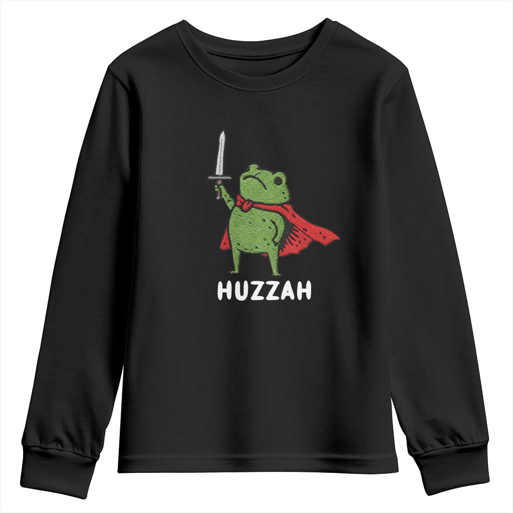 Funny Huzzah Frog Meme Youth Sweatshirt Knight with Sword Whimsical Viral Amphibian Humor - Wonder Print Shop