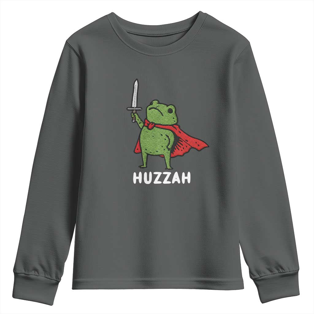 Funny Huzzah Frog Meme Youth Sweatshirt Knight with Sword Whimsical Viral Amphibian Humor - Wonder Print Shop