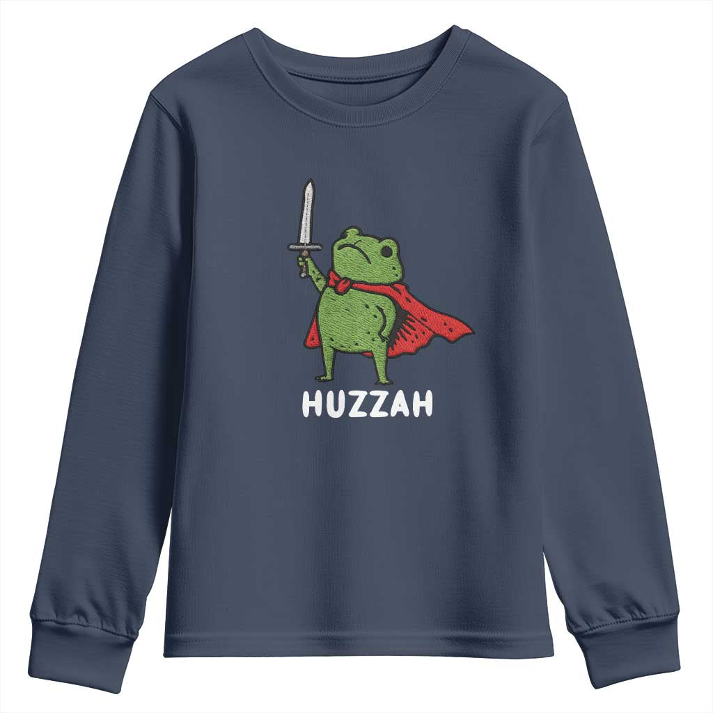 Funny Huzzah Frog Meme Youth Sweatshirt Knight with Sword Whimsical Viral Amphibian Humor - Wonder Print Shop
