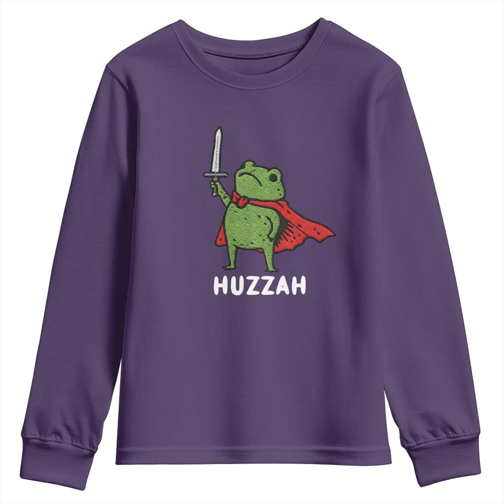 Funny Huzzah Frog Meme Youth Sweatshirt Knight with Sword Whimsical Viral Amphibian Humor - Wonder Print Shop