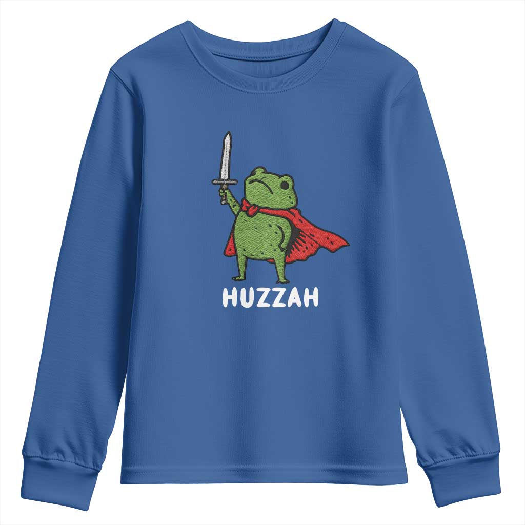 Funny Huzzah Frog Meme Youth Sweatshirt Knight with Sword Whimsical Viral Amphibian Humor - Wonder Print Shop