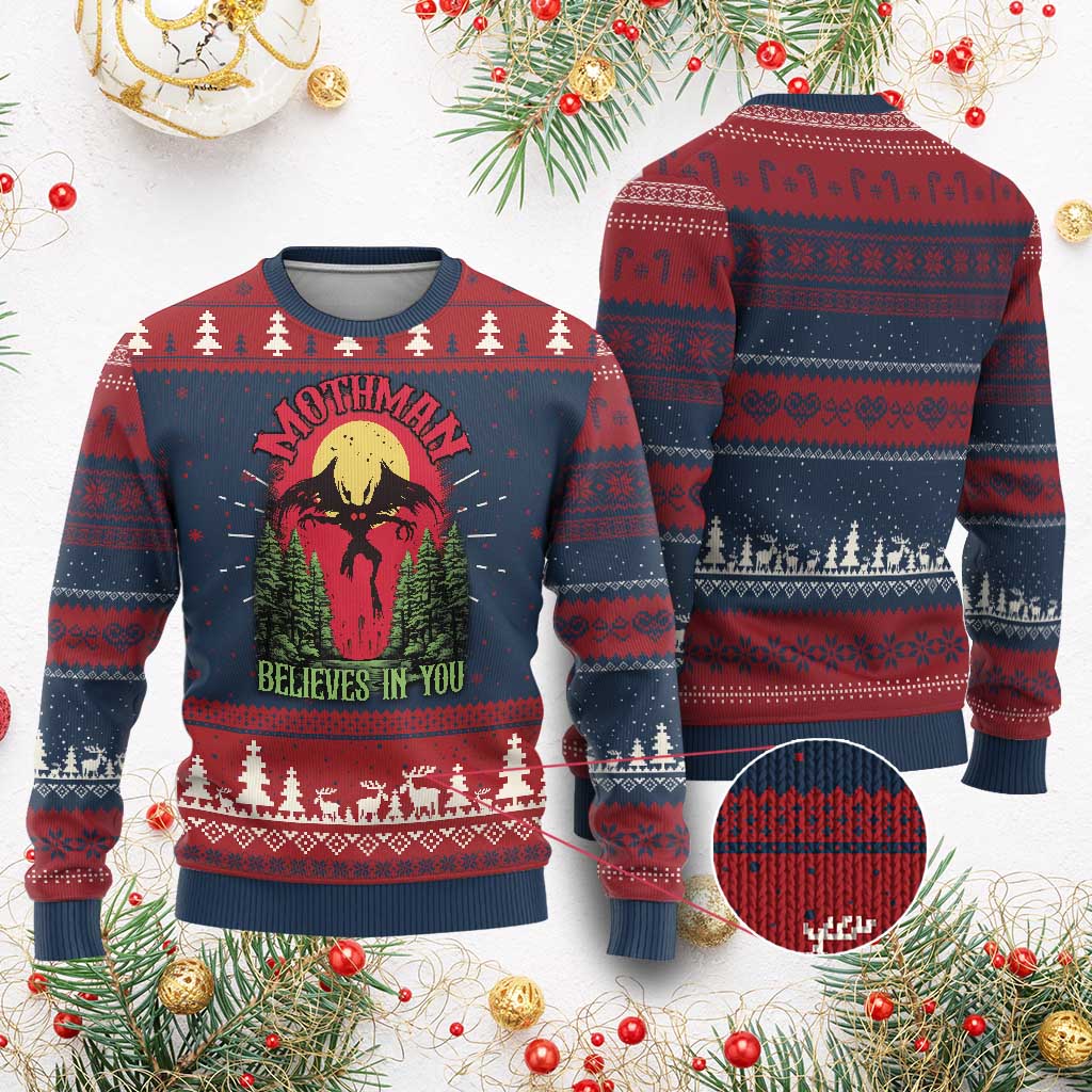 Mothman Ugly Christmas Sweater Believes In You Cryptid Cryptozoology - Wonder Print Shop
