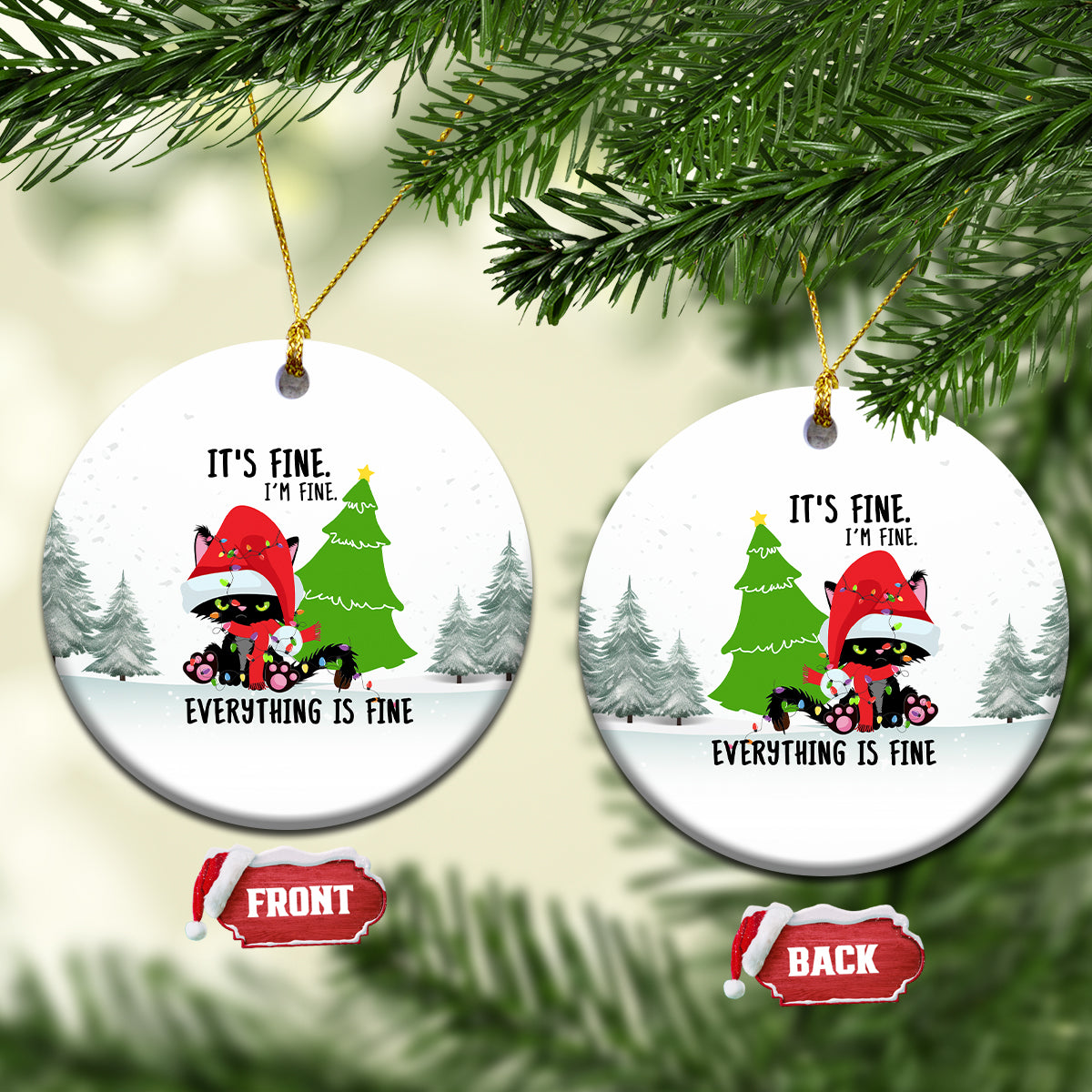 Black Cat Christmas Ceramic Ornament It's Fine I'm Fine Everything Is Fine - Wonder Print Shop