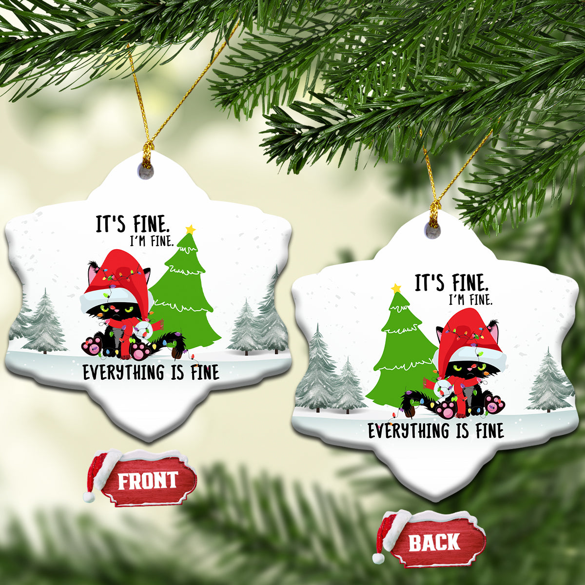 Black Cat Christmas Ceramic Ornament It's Fine I'm Fine Everything Is Fine - Wonder Print Shop