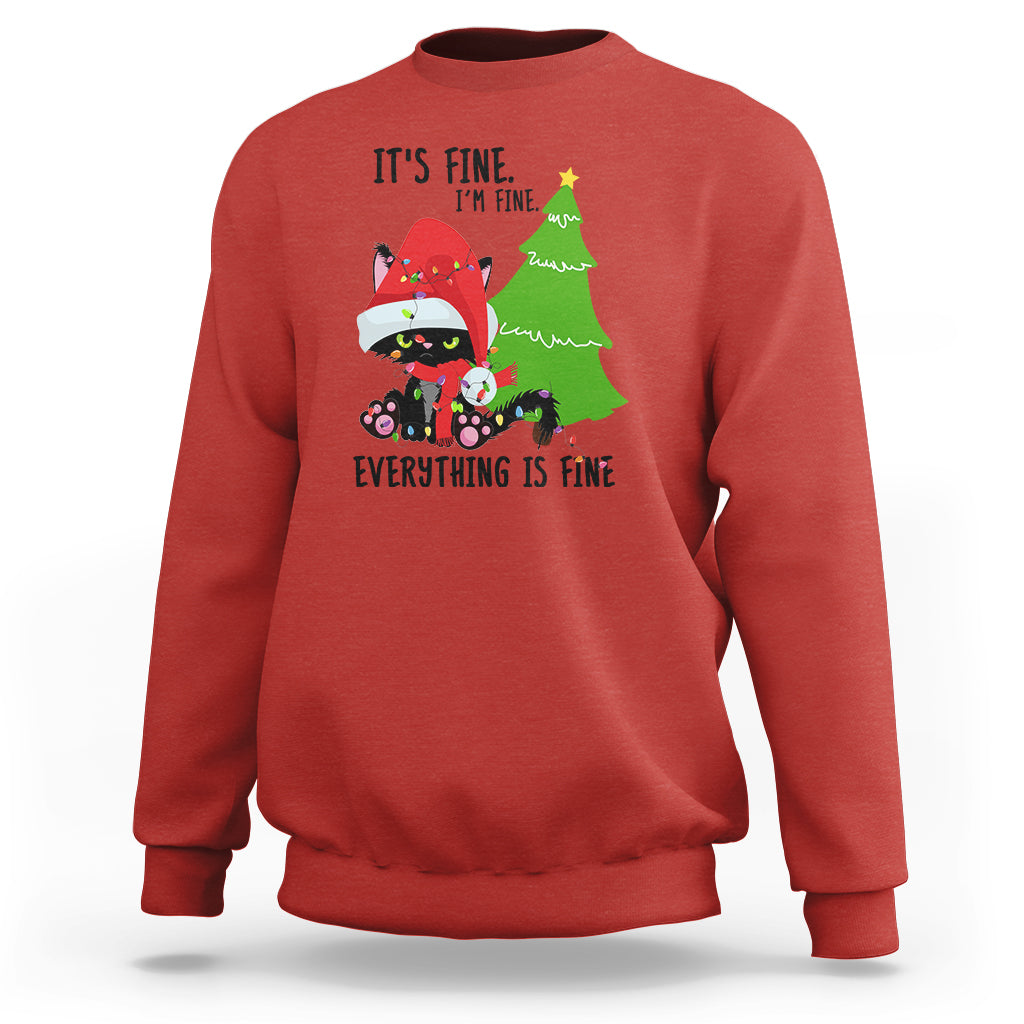 Black Cat Christmas Sweatshirt It's Fine I'm Fine Everything Is Fine - Wonder Print Shop