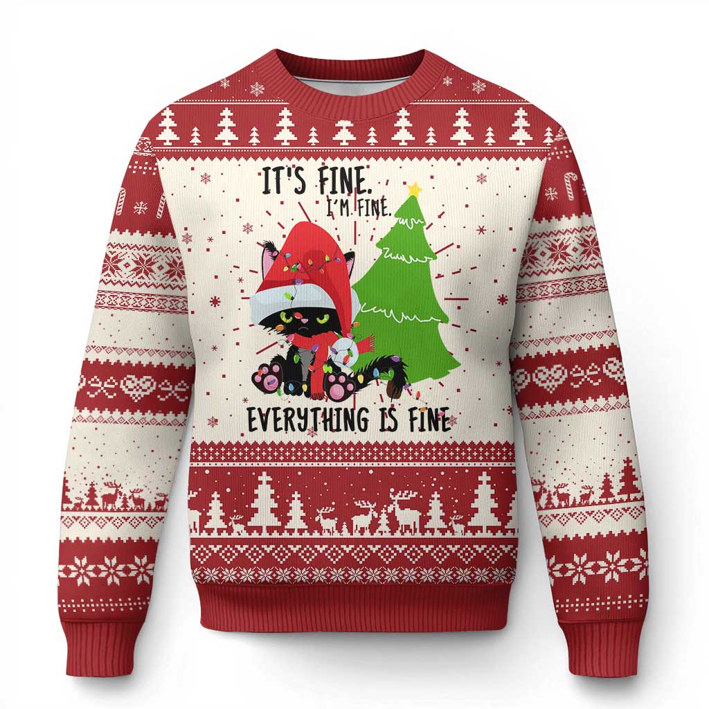Black Cat Christmas Ugly Christmas Sweater It's Fine I'm Fine Everything Is Fine - Wonder Print Shop