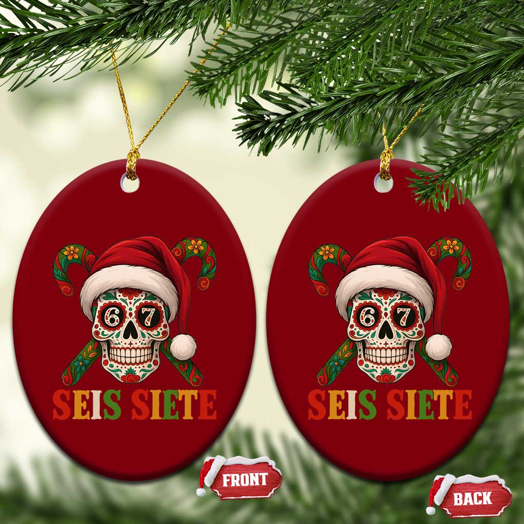 Seis Siete Christmas Meme Ceramic Ornament Sugar Skull 67 Santa Hat Candy Canes - Wonder Print Shop