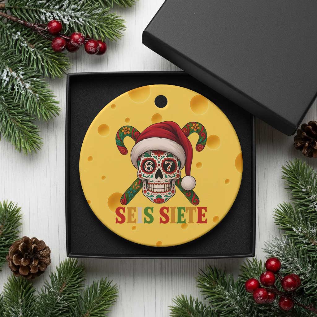 Seis Siete Christmas Meme Ceramic Ornament Sugar Skull 67 Santa Hat Candy Canes - Wonder Print Shop