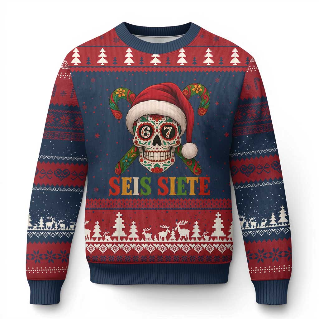 Seis Siete Xmas Meme Ugly Christmas Sweater Sugar Skull 67 Santa Hat Candy Canes - Wonder Print Shop