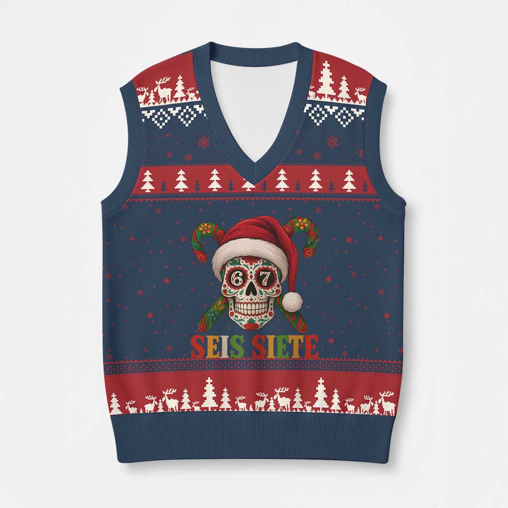 Seis Siete Xmas Meme V-Neck Knit Sweater Vest Sugar Skull 67 Santa Hat Candy Canes - Wonder Print Shop
