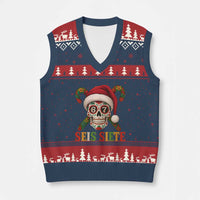 Seis Siete Xmas Meme V-Neck Knit Sweater Vest Sugar Skull 67 Santa Hat Candy Canes - Wonder Print Shop