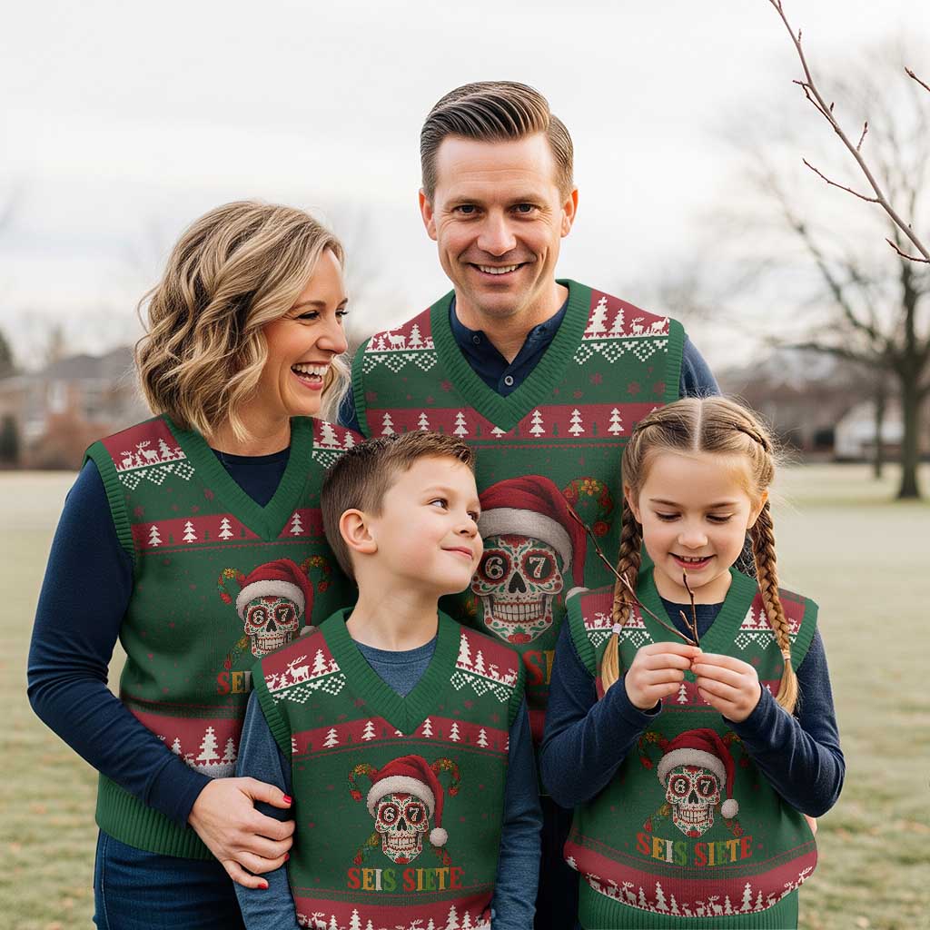 Seis Siete Xmas Meme V-Neck Knit Sweater Vest Sugar Skull 67 Santa Hat Candy Canes - Wonder Print Shop