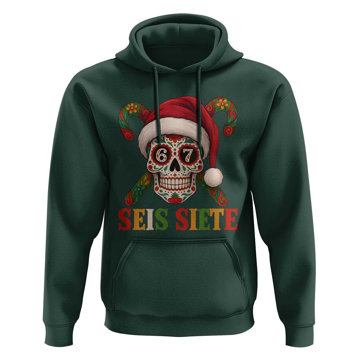 Seis Siete Christmas Meme Hoodie Sugar Skull 67 Santa Hat Candy Canes - Wonder Print Shop