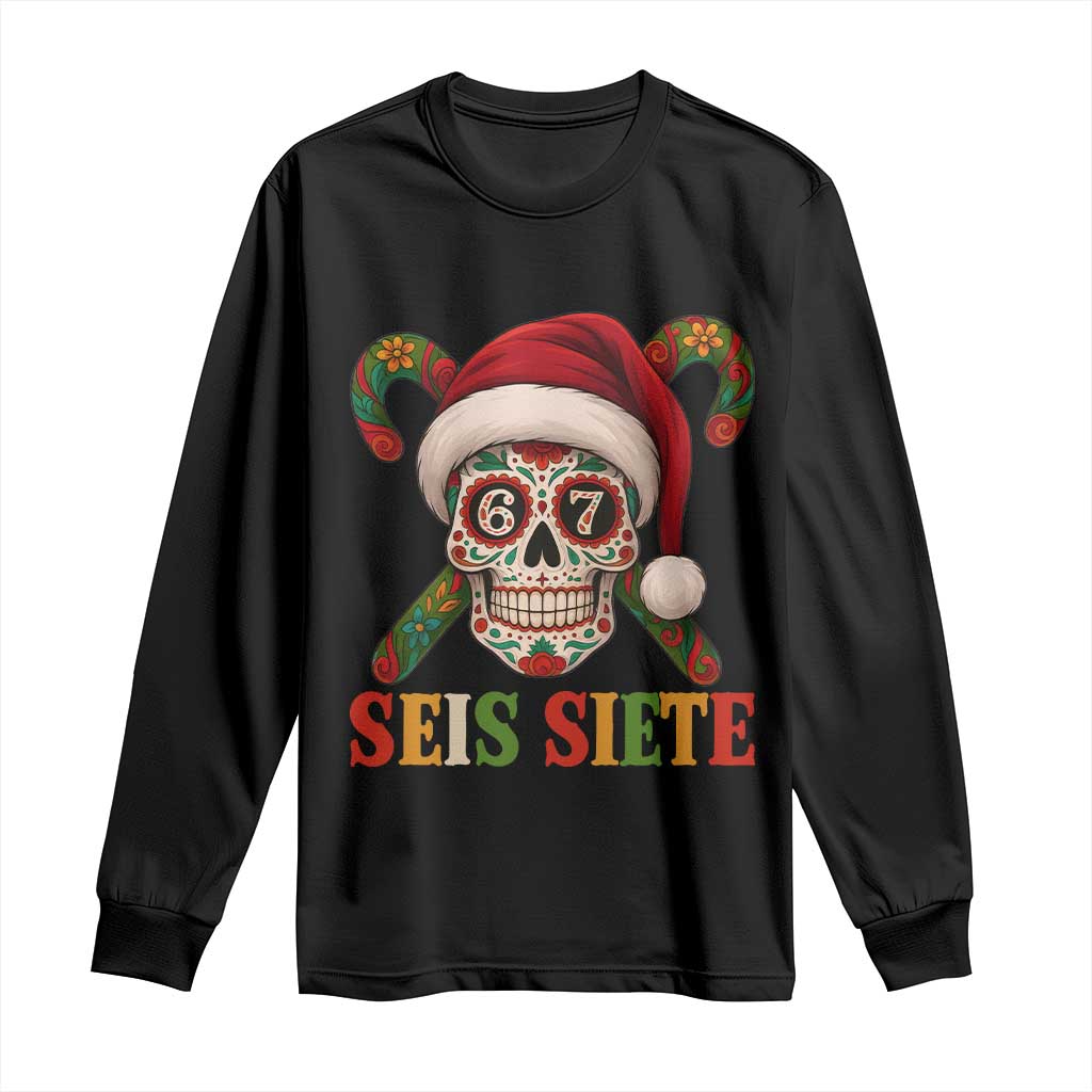 Seis Siete Christmas Meme Long Sleeve Shirt Sugar Skull 67 Santa Hat Candy Canes - Wonder Print Shop