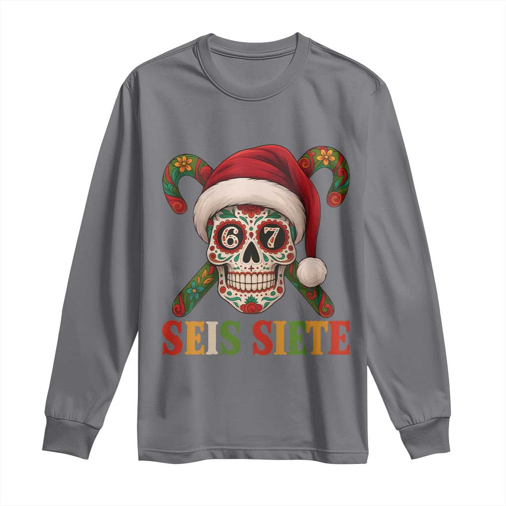 Seis Siete Christmas Meme Long Sleeve Shirt Sugar Skull 67 Santa Hat Candy Canes - Wonder Print Shop