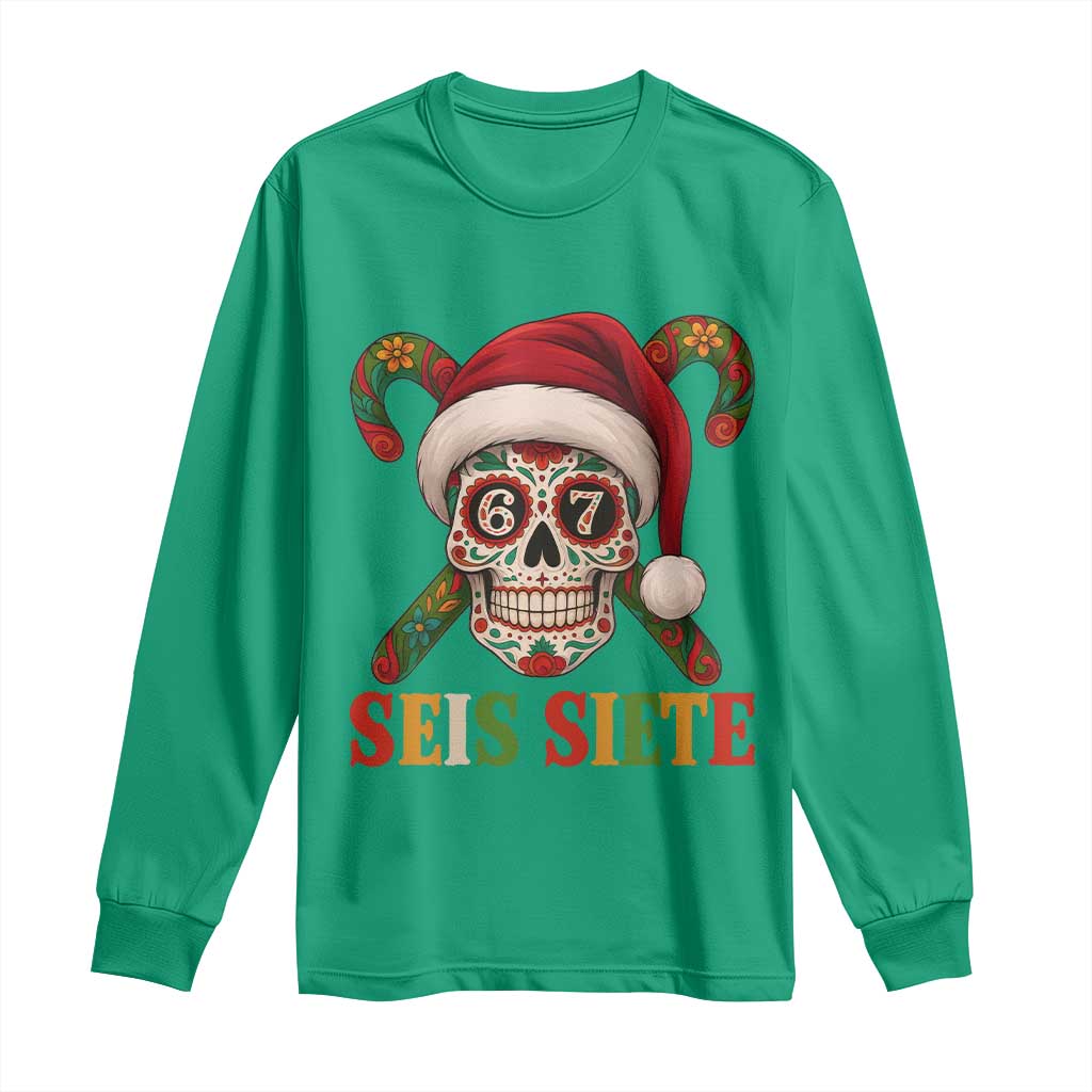 Seis Siete Christmas Meme Long Sleeve Shirt Sugar Skull 67 Santa Hat Candy Canes - Wonder Print Shop