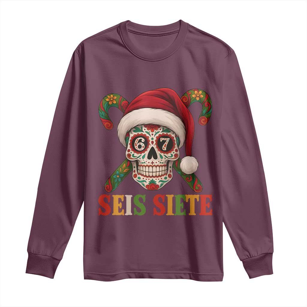 Seis Siete Christmas Meme Long Sleeve Shirt Sugar Skull 67 Santa Hat Candy Canes - Wonder Print Shop