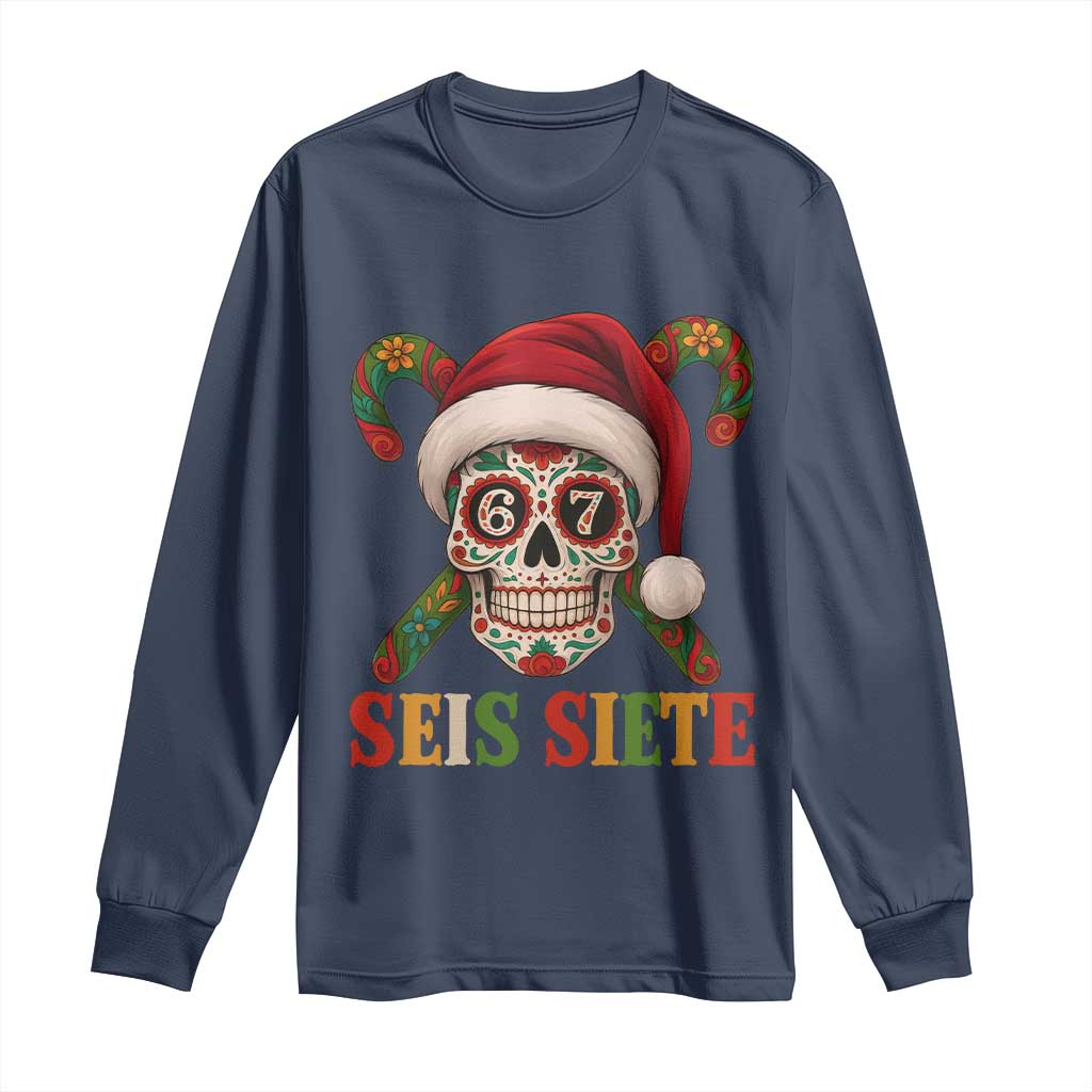 Seis Siete Christmas Meme Long Sleeve Shirt Sugar Skull 67 Santa Hat Candy Canes - Wonder Print Shop