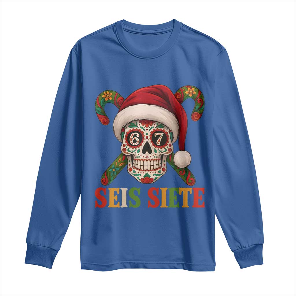 Seis Siete Christmas Meme Long Sleeve Shirt Sugar Skull 67 Santa Hat Candy Canes - Wonder Print Shop
