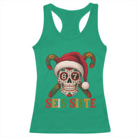 Seis Siete Christmas Meme Racerback Tank Top Sugar Skull 67 Santa Hat Candy Canes - Wonder Print Shop
