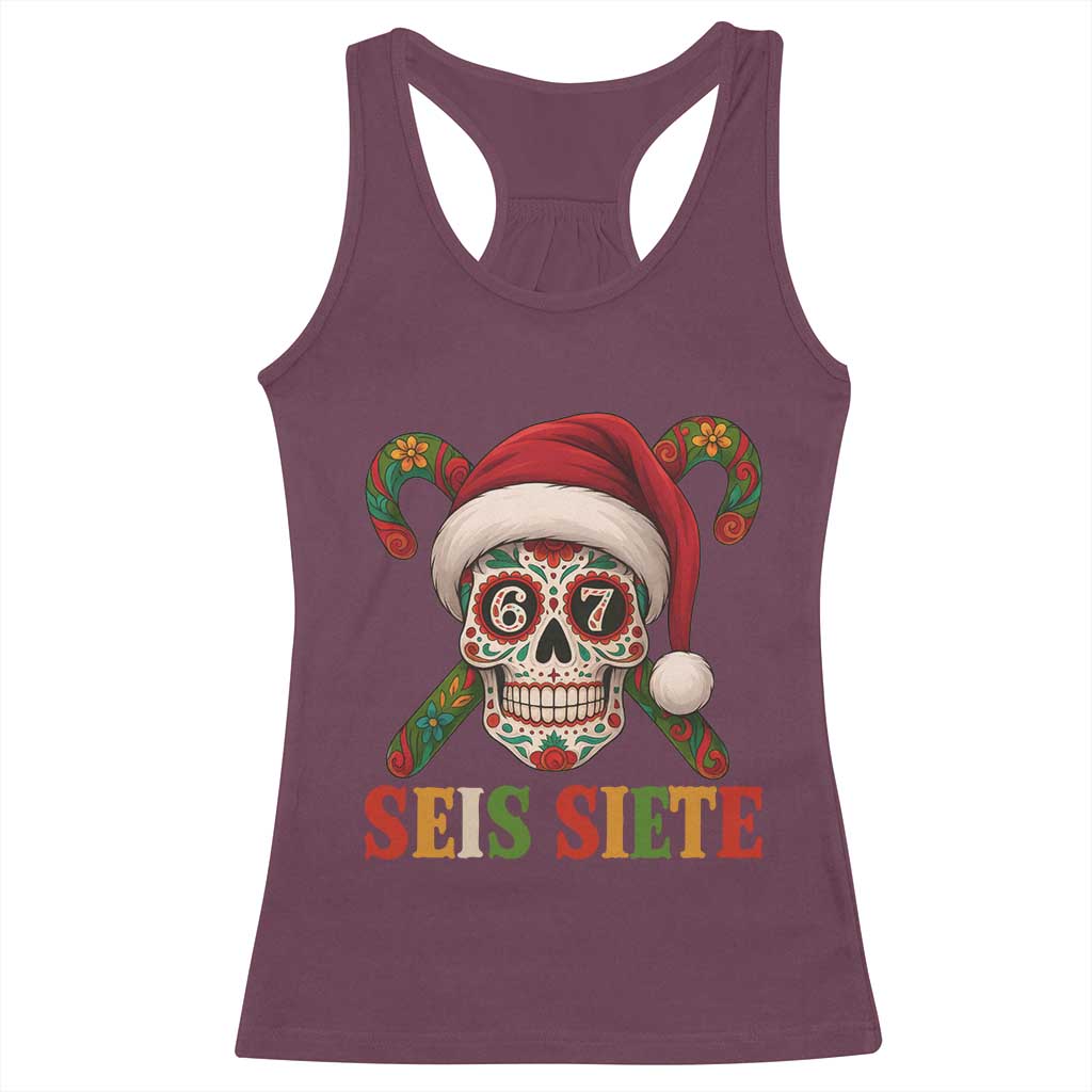 Seis Siete Christmas Meme Racerback Tank Top Sugar Skull 67 Santa Hat Candy Canes - Wonder Print Shop