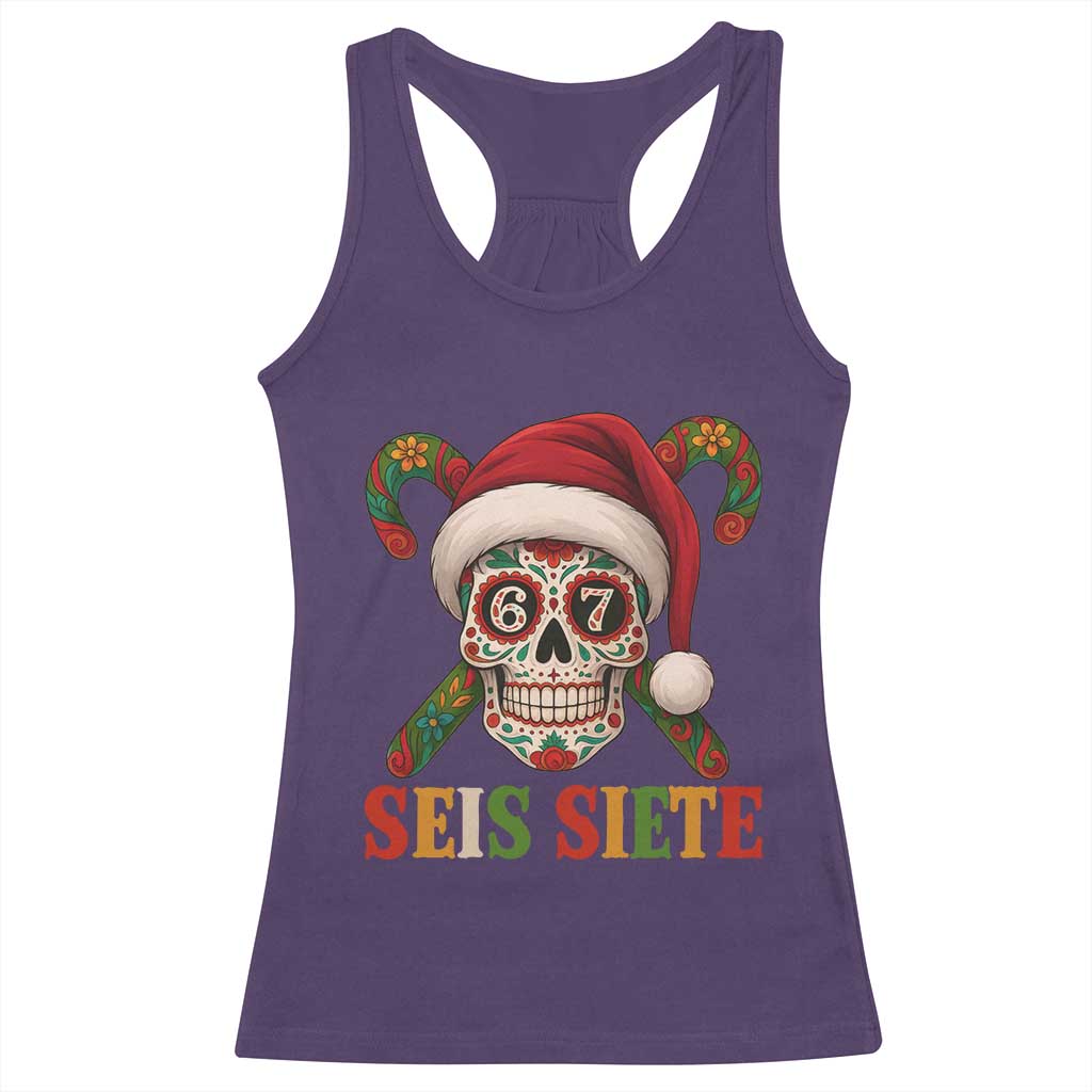 Seis Siete Christmas Meme Racerback Tank Top Sugar Skull 67 Santa Hat Candy Canes - Wonder Print Shop