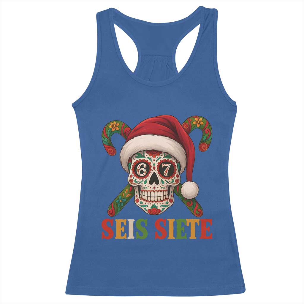 Seis Siete Christmas Meme Racerback Tank Top Sugar Skull 67 Santa Hat Candy Canes - Wonder Print Shop