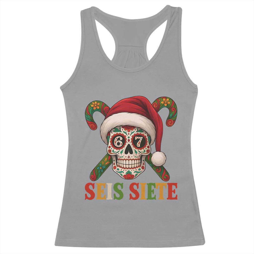 Seis Siete Christmas Meme Racerback Tank Top Sugar Skull 67 Santa Hat Candy Canes - Wonder Print Shop