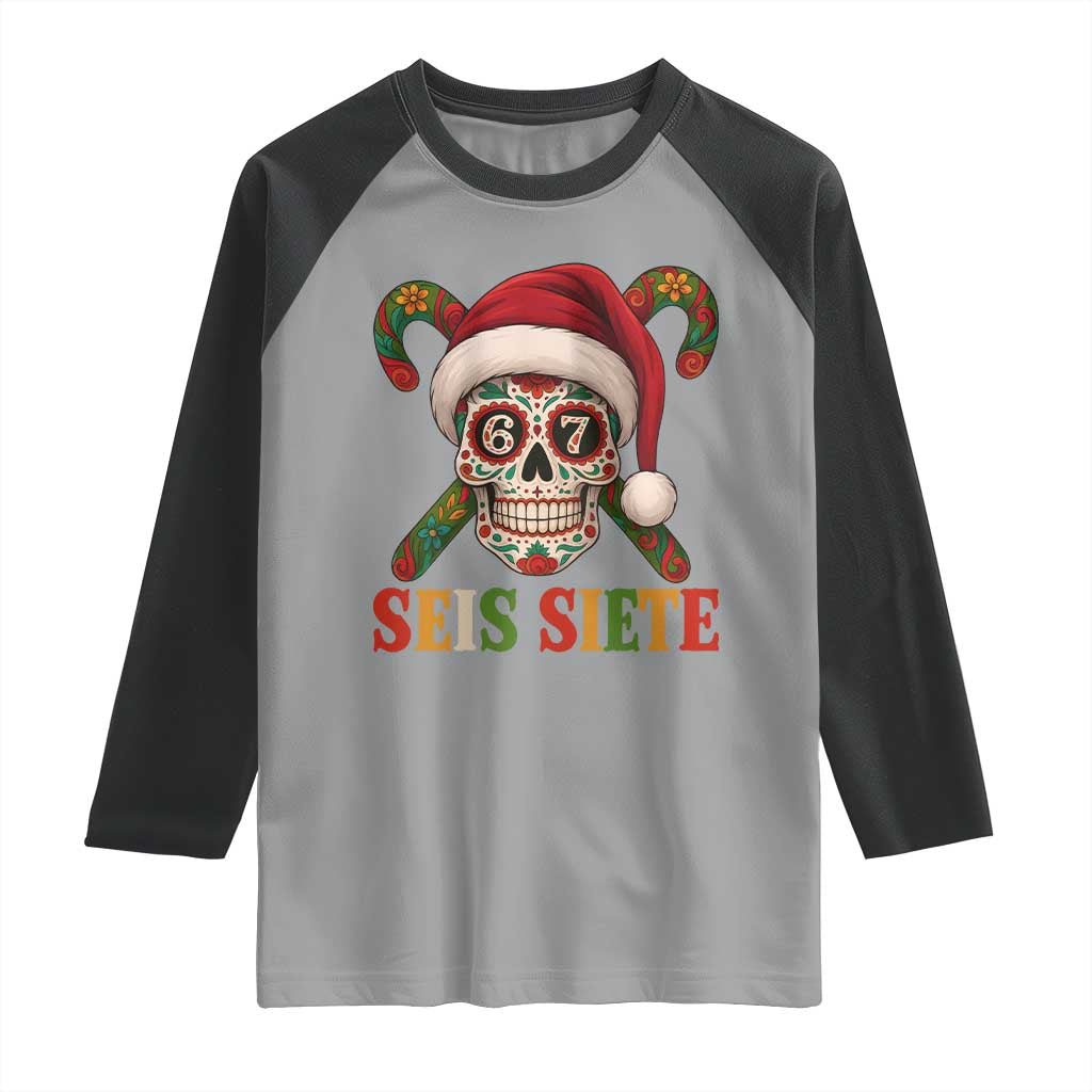 Seis Siete Christmas Meme Raglan Shirt Sugar Skull 67 Santa Hat Candy Canes - Wonder Print Shop