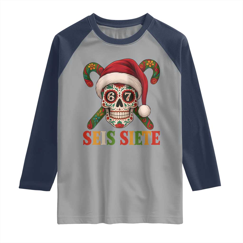 Seis Siete Christmas Meme Raglan Shirt Sugar Skull 67 Santa Hat Candy Canes - Wonder Print Shop