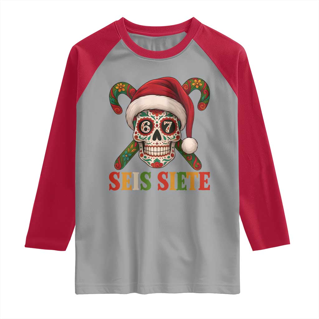 Seis Siete Christmas Meme Raglan Shirt Sugar Skull 67 Santa Hat Candy Canes - Wonder Print Shop
