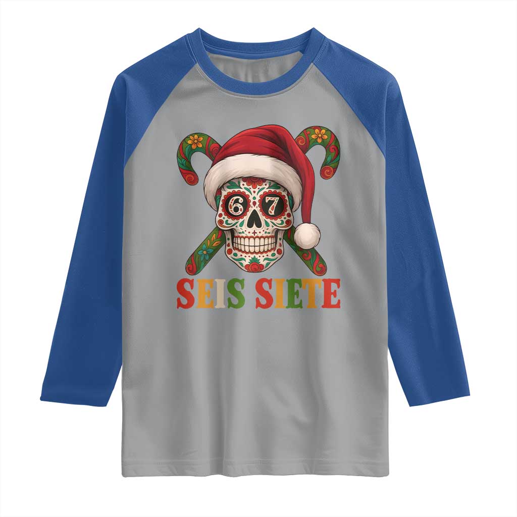 Seis Siete Christmas Meme Raglan Shirt Sugar Skull 67 Santa Hat Candy Canes - Wonder Print Shop
