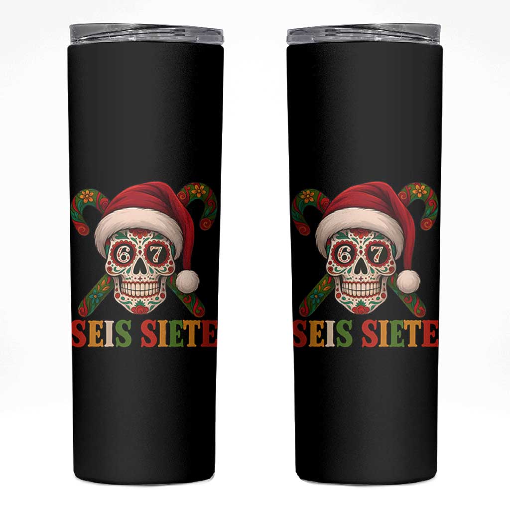 Seis Siete Christmas Meme Skinny Tumbler Sugar Skull 67 Santa Hat Candy Canes - Wonder Print Shop