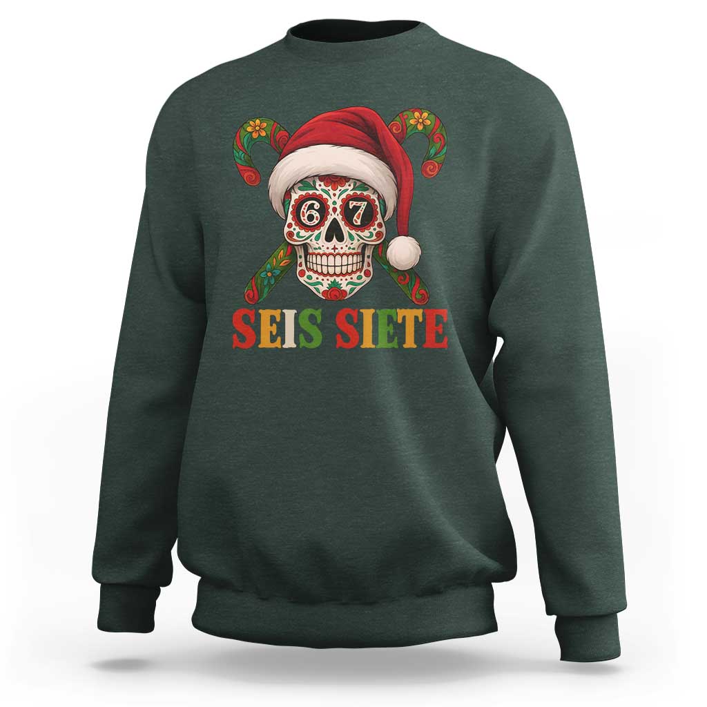 Seis Siete Christmas Meme Sweatshirt Sugar Skull 67 Santa Hat Candy Canes - Wonder Print Shop
