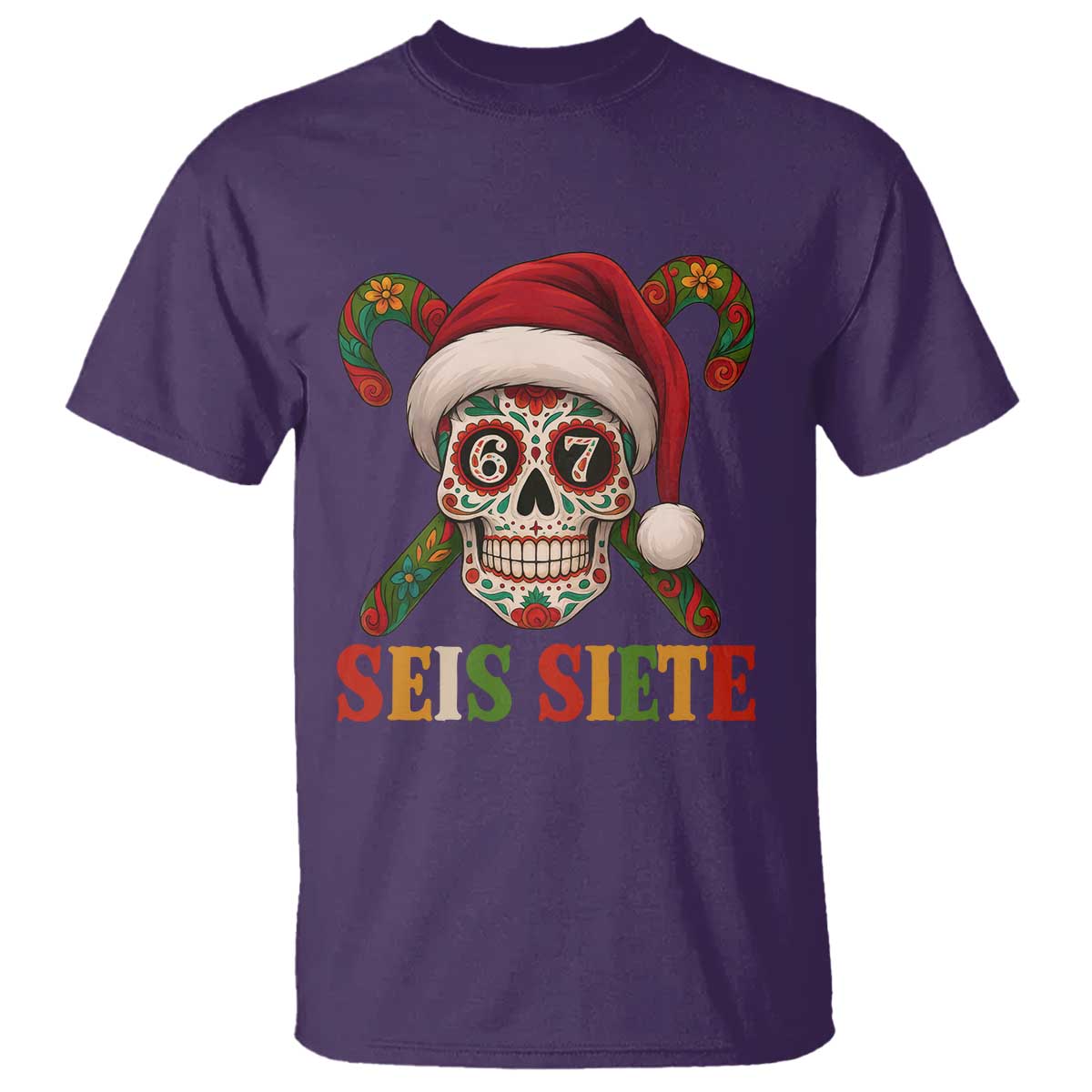 Seis Siete Christmas Meme T Shirt Sugar Skull 67 Santa Hat Candy Canes - Wonder Print Shop