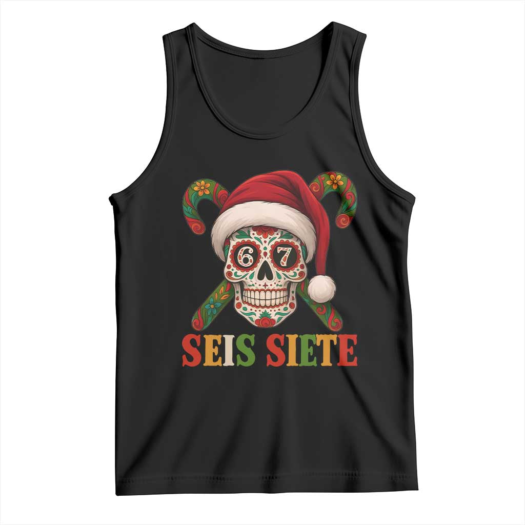 Seis Siete Christmas Meme Tank Top Sugar Skull 67 Santa Hat Candy Canes - Wonder Print Shop