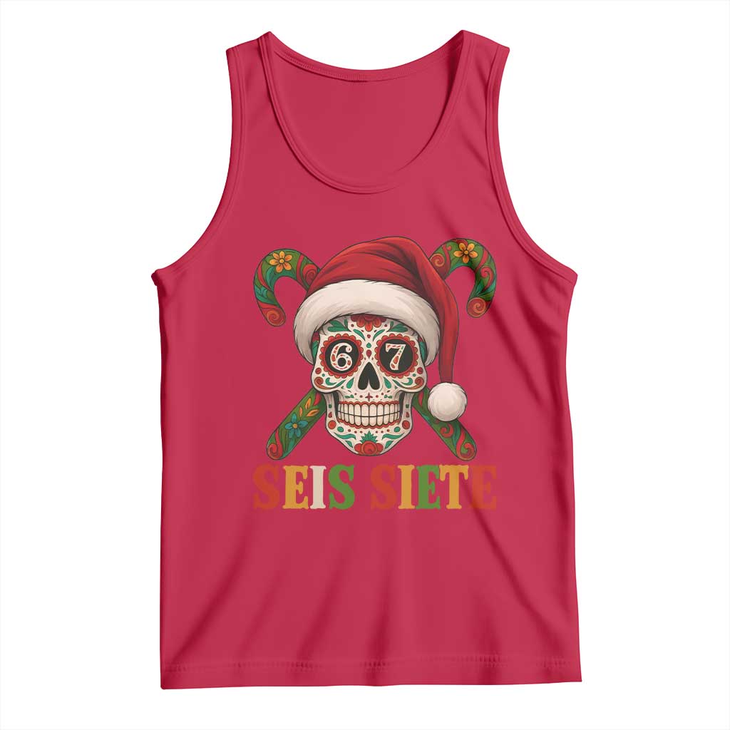 Seis Siete Christmas Meme Tank Top Sugar Skull 67 Santa Hat Candy Canes - Wonder Print Shop