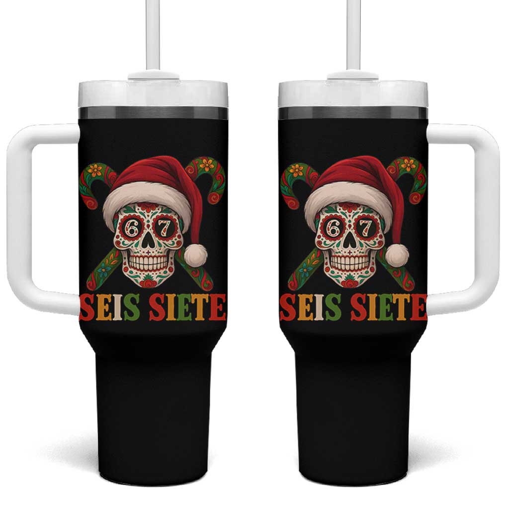 Seis Siete Christmas Meme Tumbler With Handle Sugar Skull 67 Santa Hat Candy Canes - Wonder Print Shop