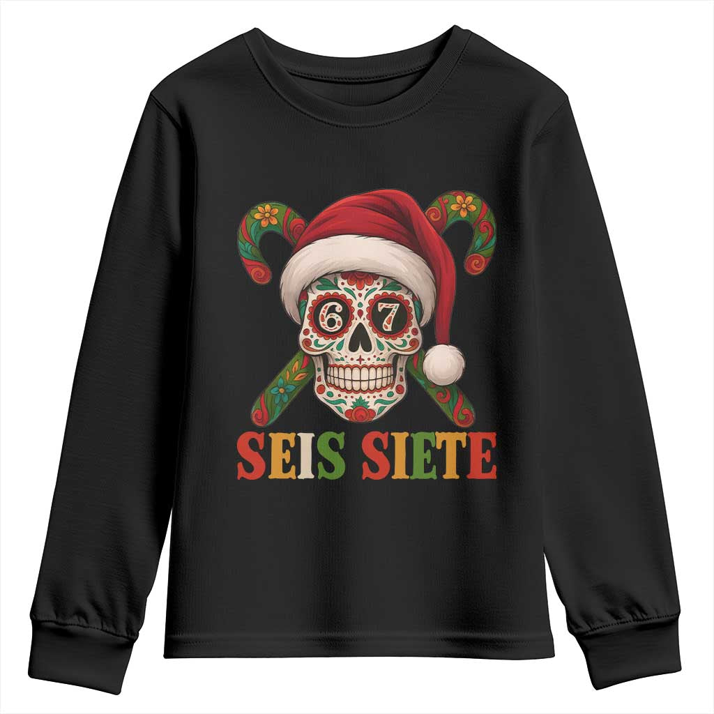 Seis Siete Christmas Meme Youth Sweatshirt Sugar Skull 67 Santa Hat Candy Canes - Wonder Print Shop