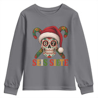 Seis Siete Christmas Meme Youth Sweatshirt Sugar Skull 67 Santa Hat Candy Canes - Wonder Print Shop