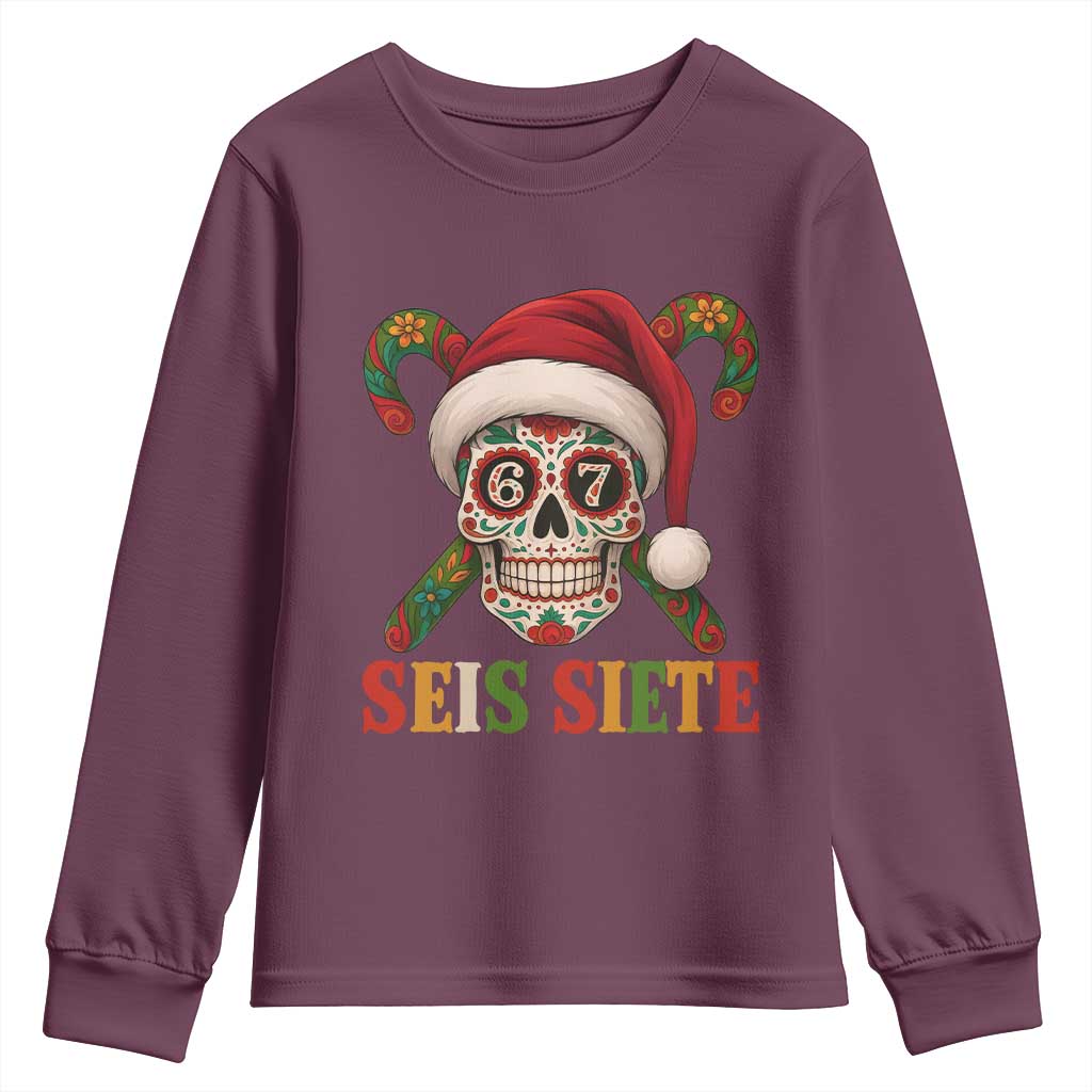 Seis Siete Christmas Meme Youth Sweatshirt Sugar Skull 67 Santa Hat Candy Canes - Wonder Print Shop