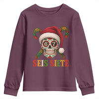Seis Siete Christmas Meme Youth Sweatshirt Sugar Skull 67 Santa Hat Candy Canes - Wonder Print Shop