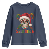 Seis Siete Christmas Meme Youth Sweatshirt Sugar Skull 67 Santa Hat Candy Canes - Wonder Print Shop